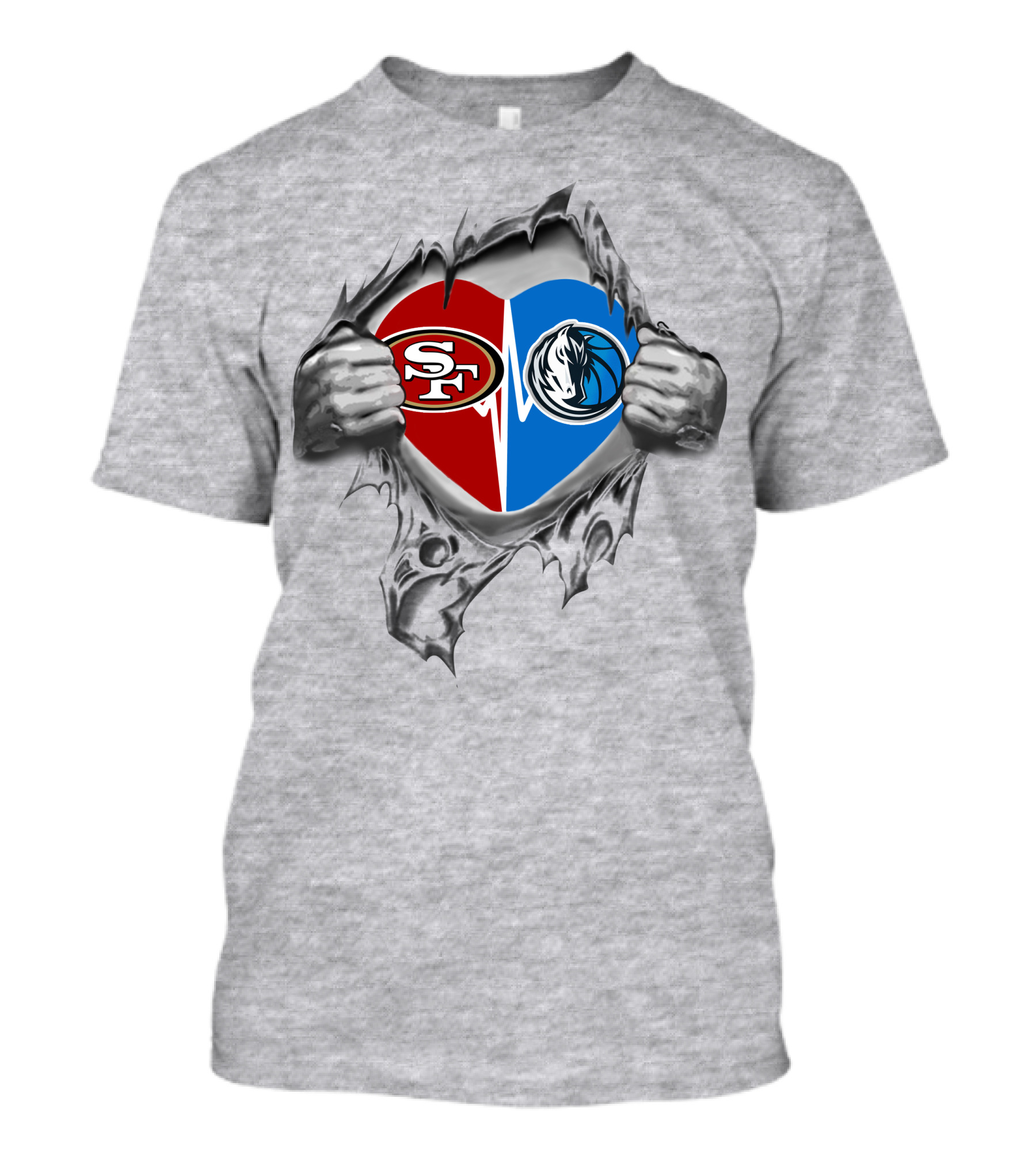 49ers Mavericks Heart Split Logos Peeling Effect Silver Hands T-Shirt