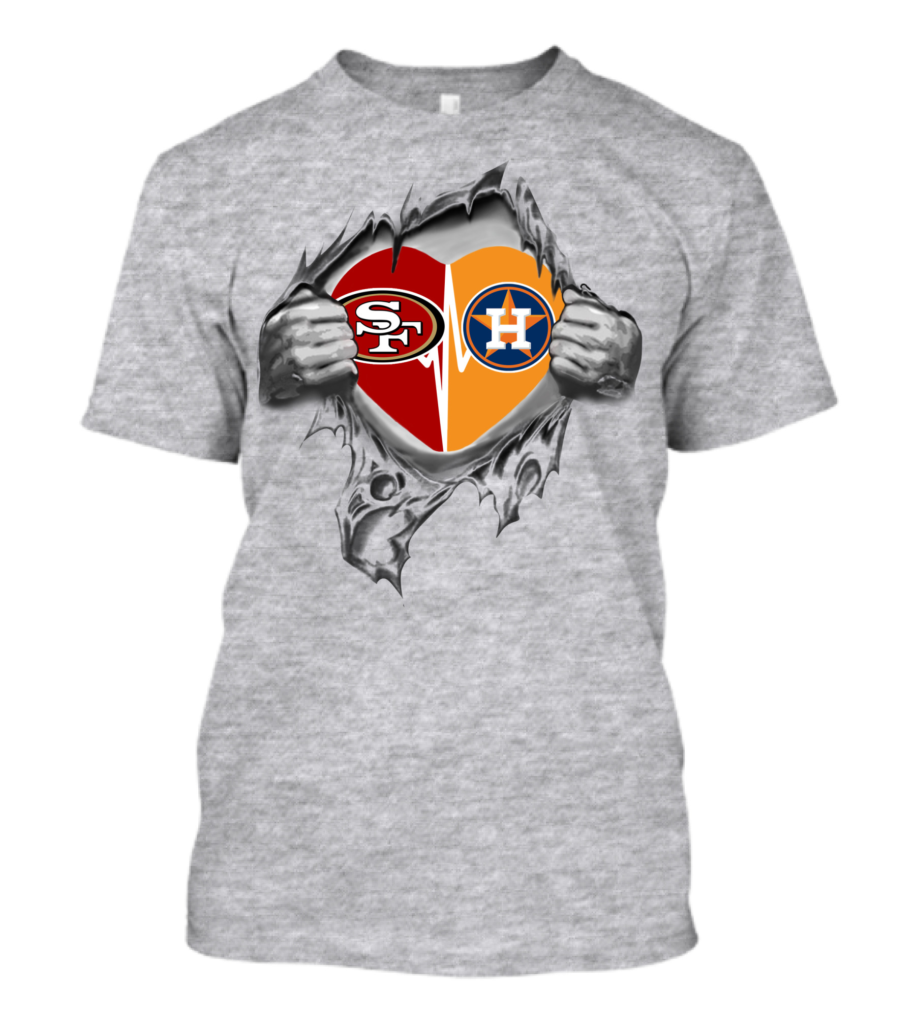 49ers Houston Astros Heart Logos With Ripped Skin Effect T-Shirt