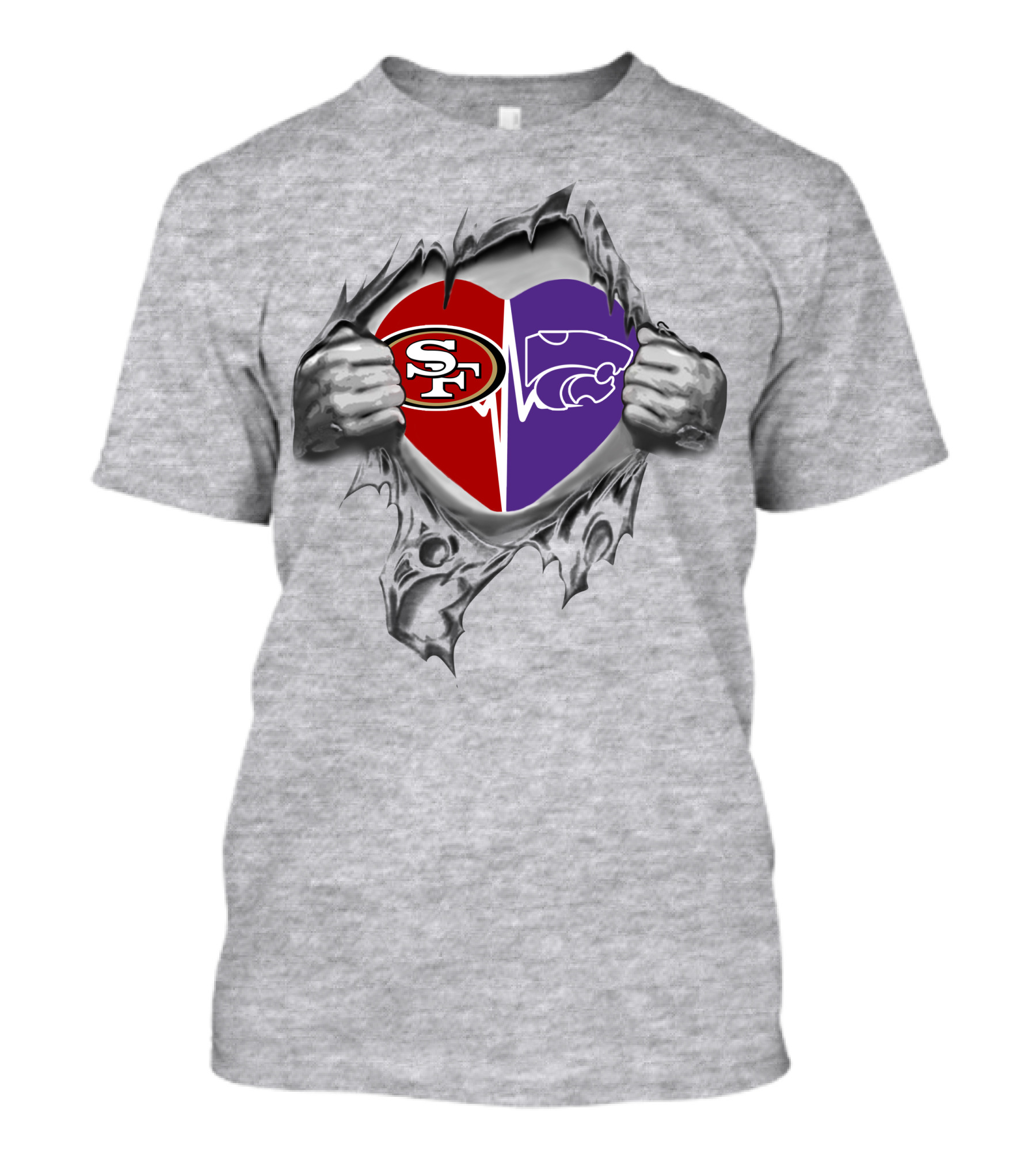 49ers Kansas State Wildcats Heart Design Featuring Split Heart With Logos T-Shirt