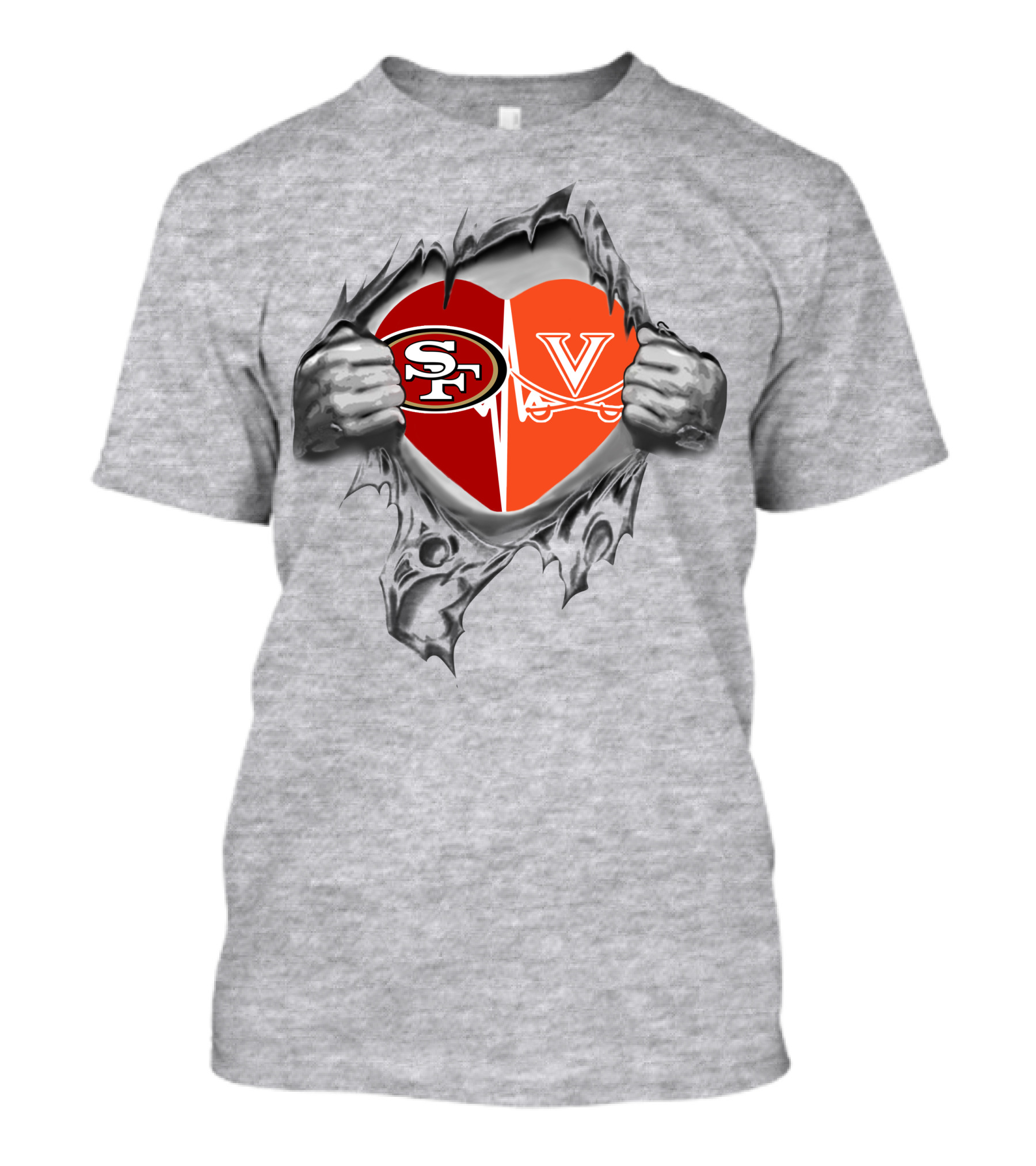 49ers Virginia Cavaliers Heart Logos In Torn Fabric T-Shirt