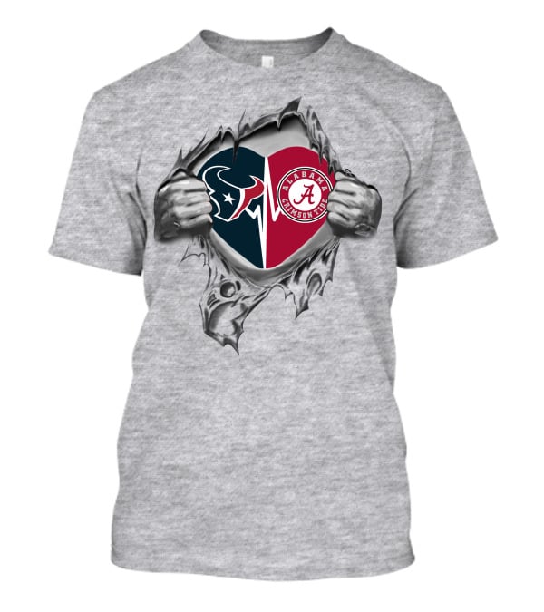 Texans And Alabama Crimson Tide Heart Symbol With Torn T-Shirt