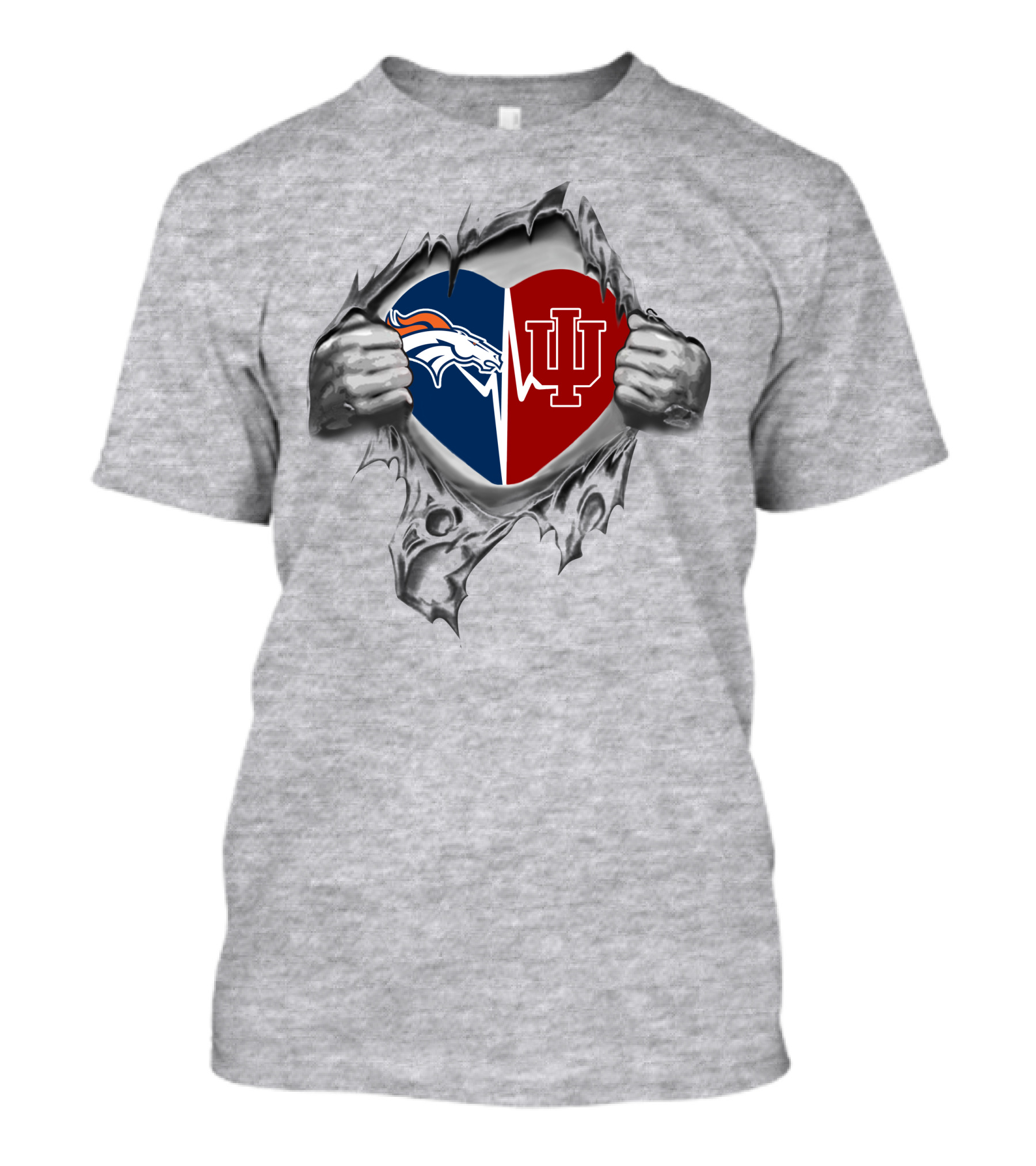 Broncos Indiana Hoosiers Heart Design Featuring Split Logo With Hands T-Shirt
