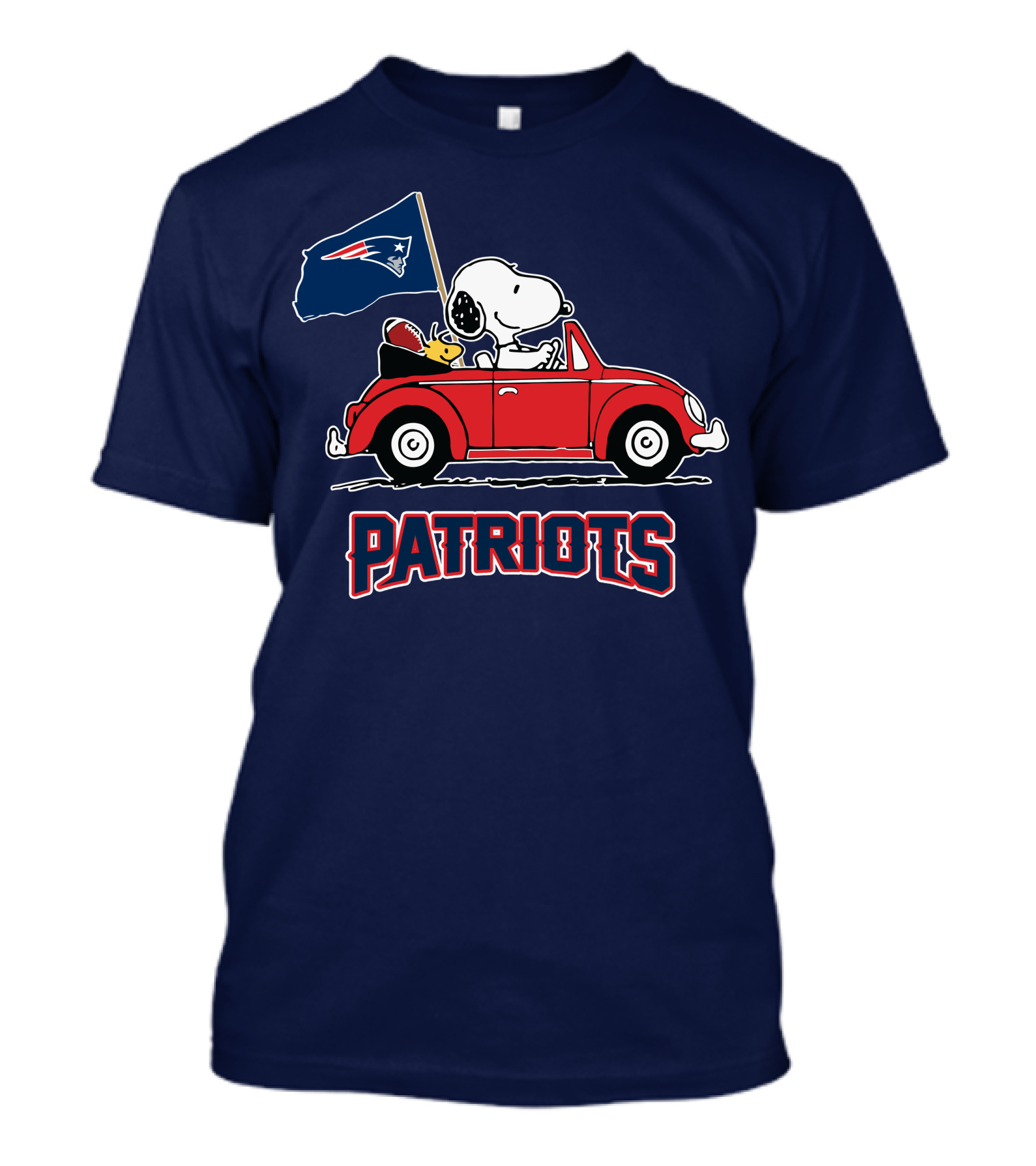 New England Patriots Snoopy Driving Classic Red Car With Flag T-Shirt