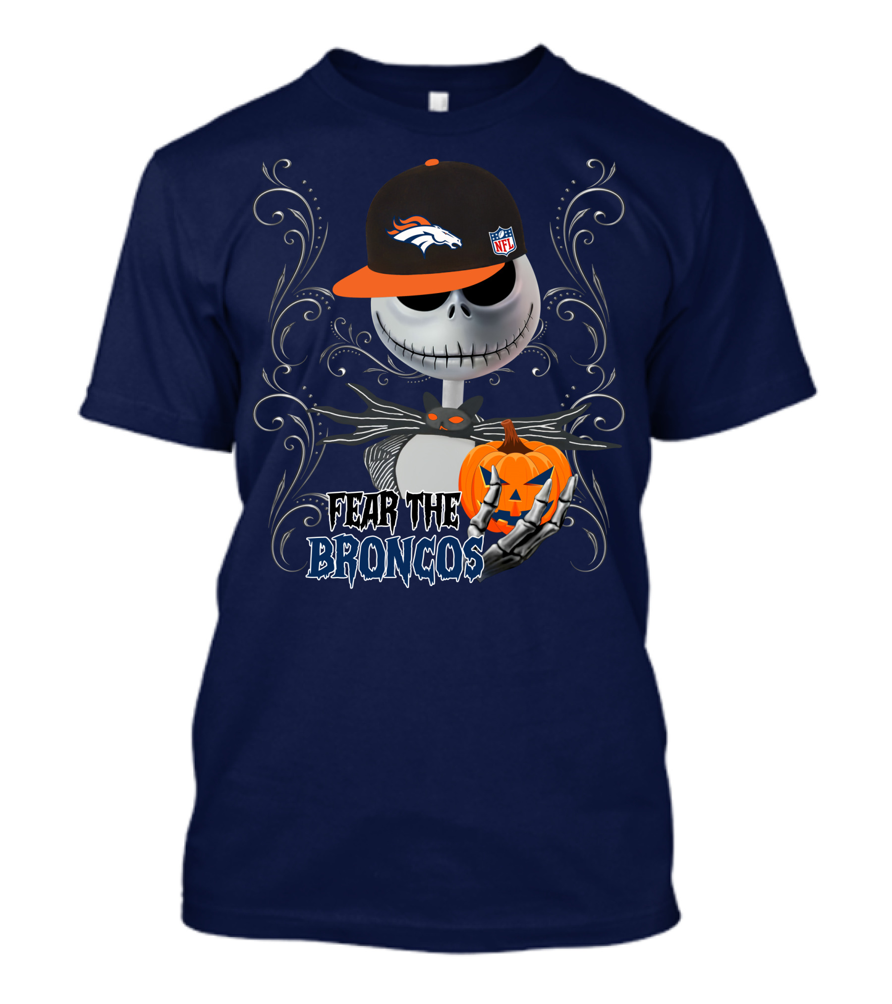 Fear The Broncos Halloween Skeleton With Denver Broncos Cap And Pumpkin T-Shirt