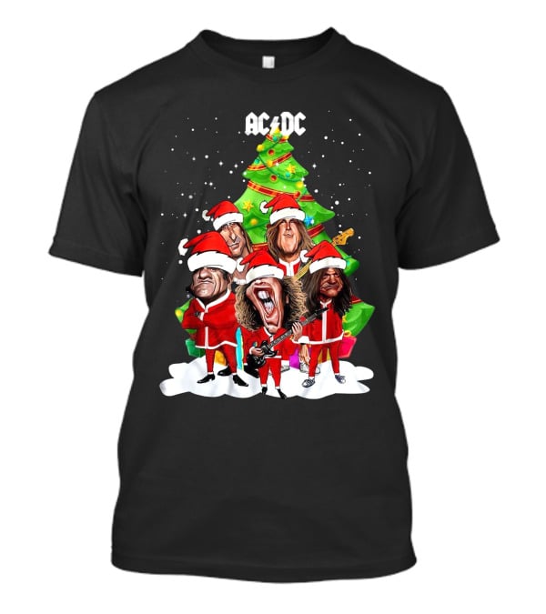 ACDC Christmas Band Santa Hats Cartoon Snow Guitar Christmas Tree T-Shirt