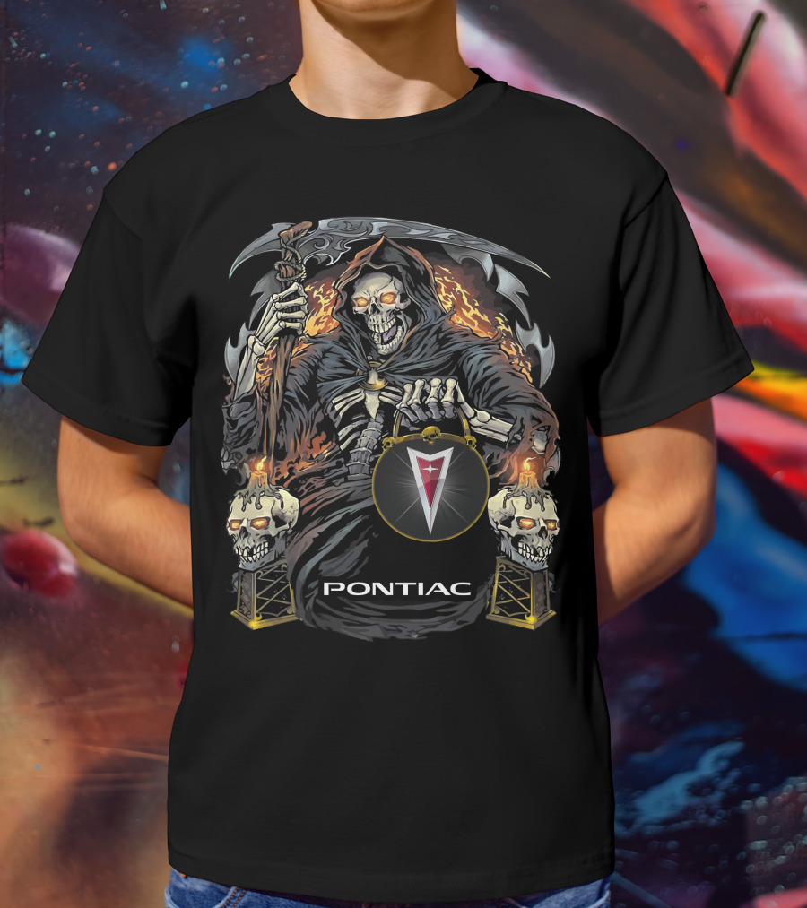 Pontiac Grim Reaper Holding Skull Flames T-Shirt