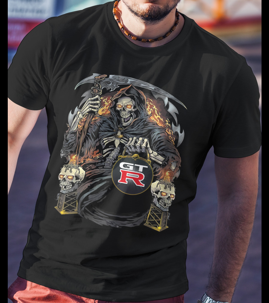 Nissan GTR01 Skeleton With Scythe And Flaming Skulls Retro T-Shirt