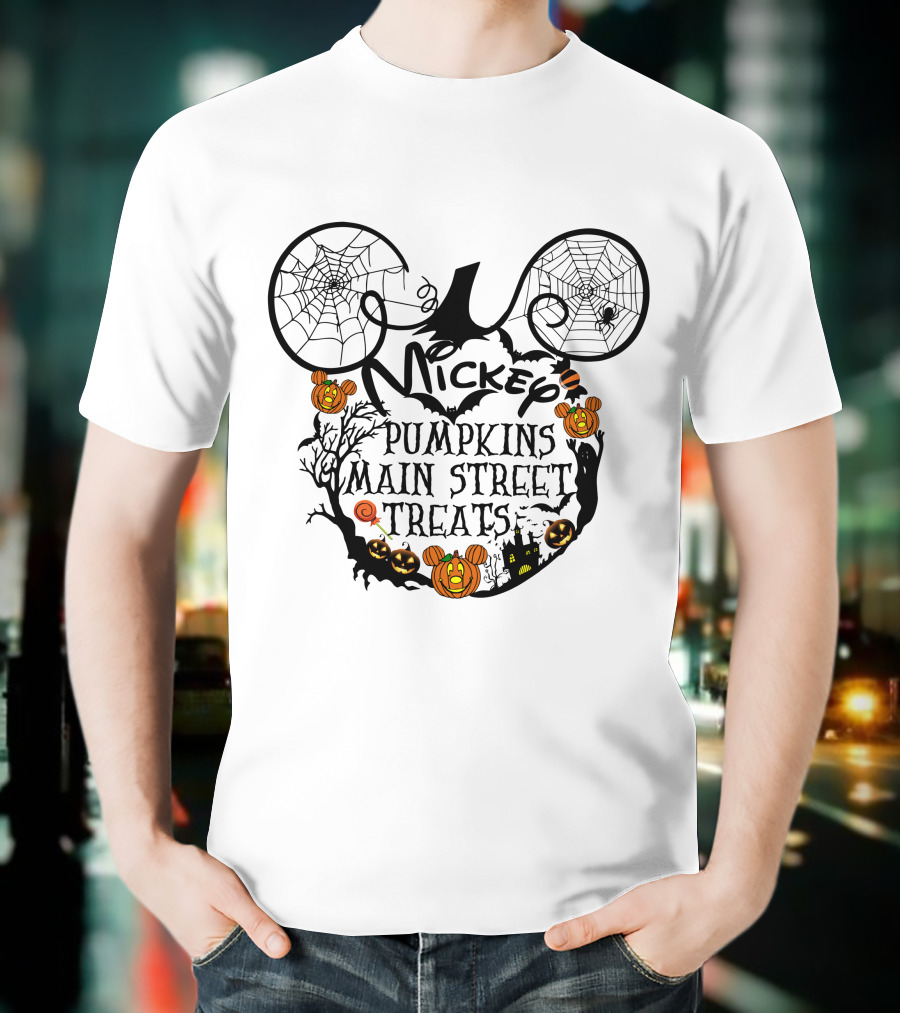 Mickey Pumpkins Main Street Treats Halloween Spooky Ears And Cobwebs T-Shirt