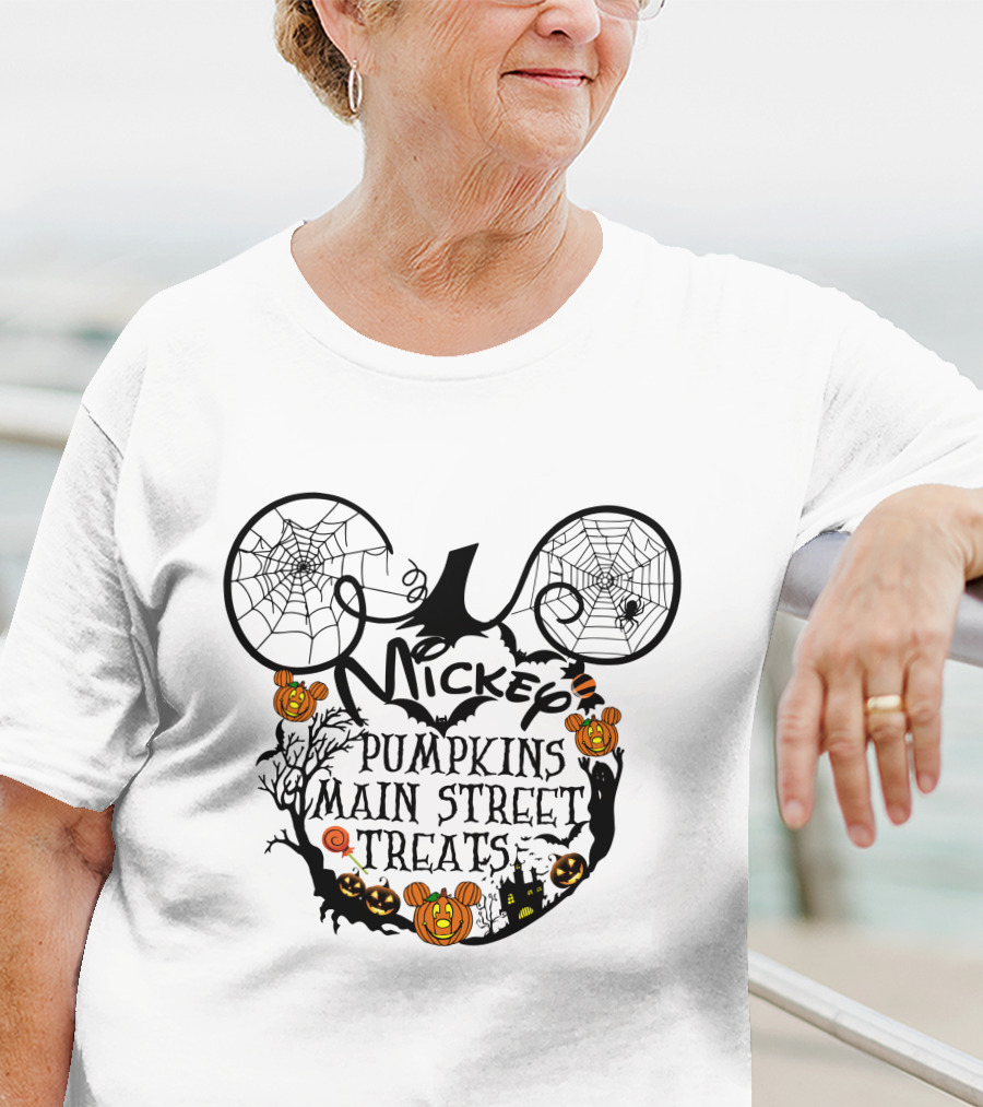 Mickey Pumpkins Main Street Treats Halloween Spooky Ears And Cobwebs T-Shirt