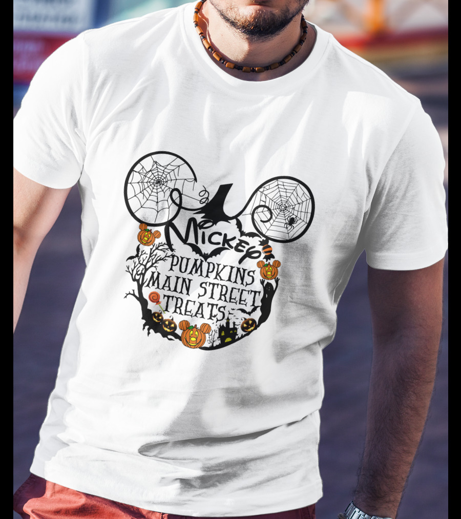 Mickey Pumpkins Main Street Treats Halloween Spooky Ears And Cobwebs T-Shirt