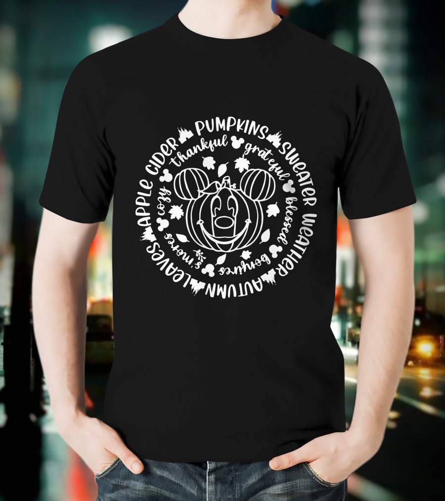 Mickey Pumpkins Grateful Thankful Blessed Autumn Sweater Weather Cozy Apple Cider Smores T-Shirt