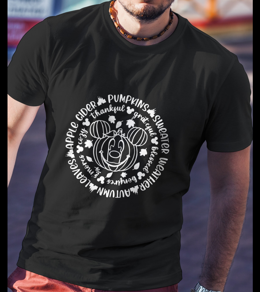 Mickey Pumpkins Grateful Thankful Blessed Autumn Sweater Weather Cozy Apple Cider Smores T-Shirt