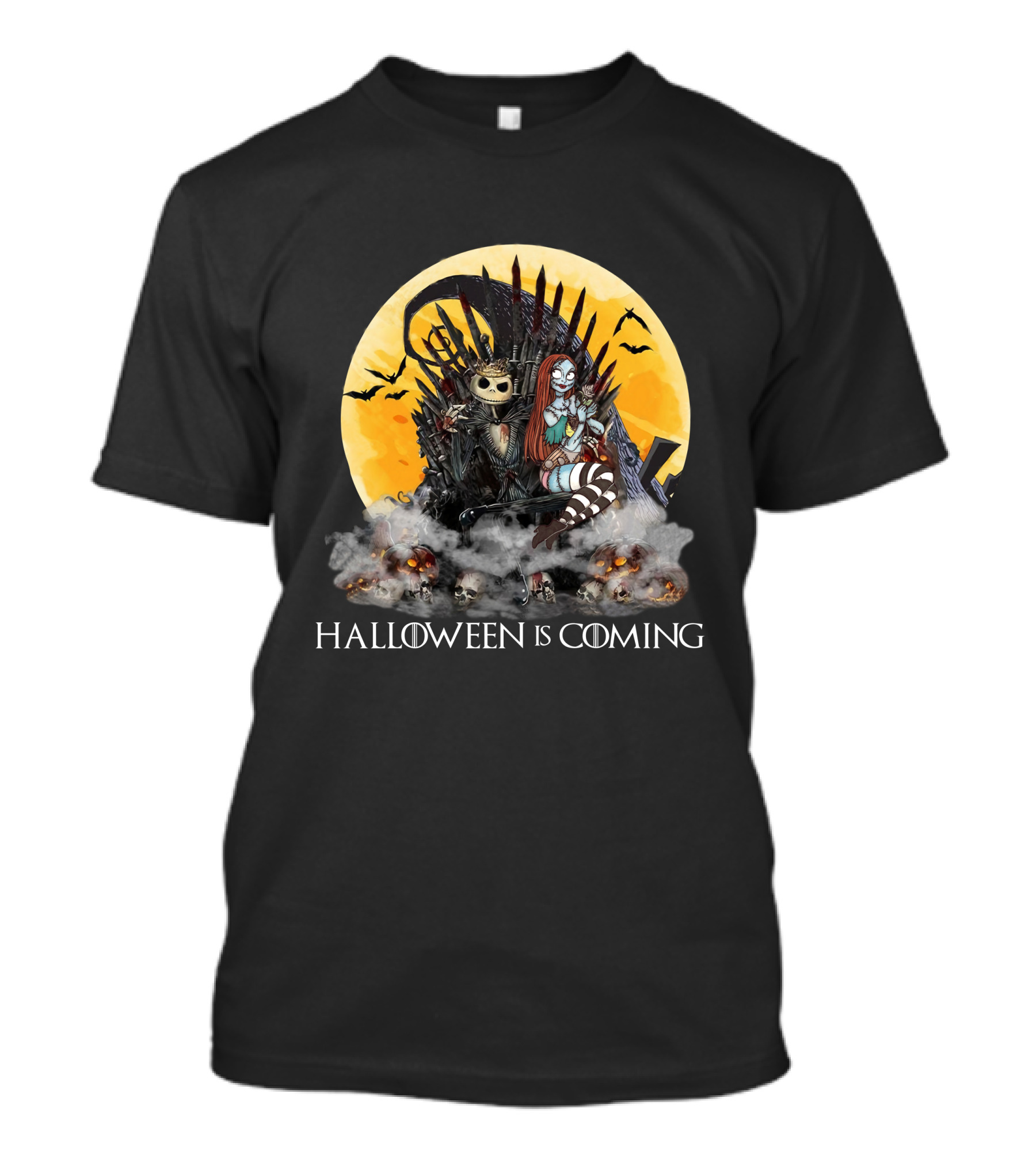 Halloween Is Coming With Skeleton King And Gothic Queen Throne Moon Bats Skulls T-Shirt