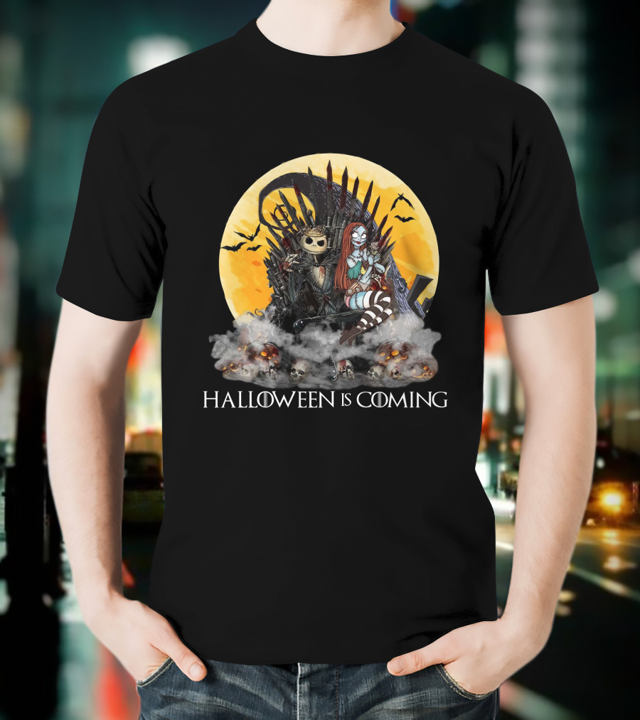 Halloween Is Coming With Skeleton King And Gothic Queen Throne Moon Bats Skulls T-Shirt