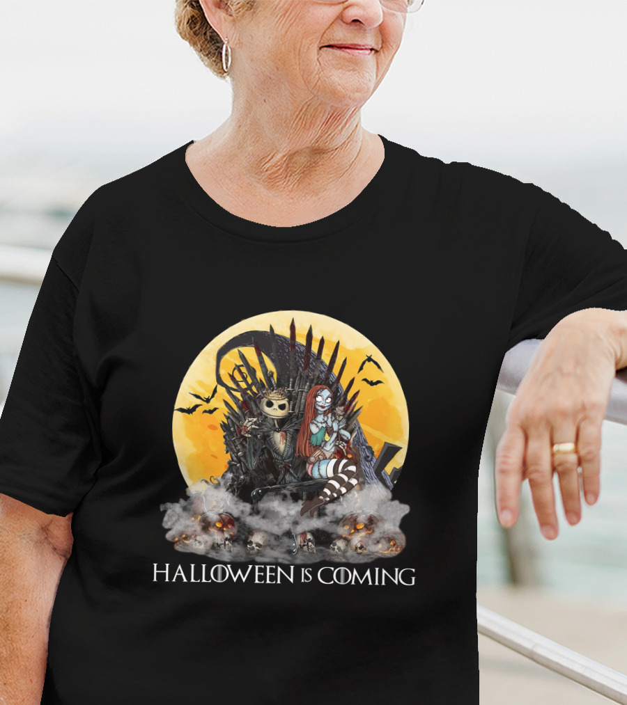 Halloween Is Coming With Skeleton King And Gothic Queen Throne Moon Bats Skulls T-Shirt