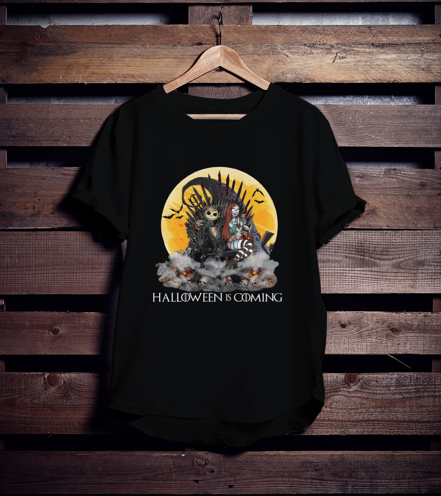 Halloween Is Coming With Skeleton King And Gothic Queen Throne Moon Bats Skulls T-Shirt
