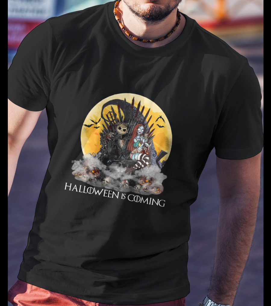 Halloween Is Coming With Skeleton King And Gothic Queen Throne Moon Bats Skulls T-Shirt