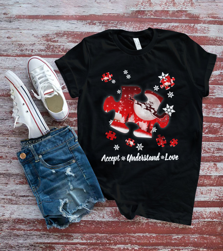 Accept Understand Love Autism Puzzle Christmas Snowflakes Santa Sleigh T-Shirt