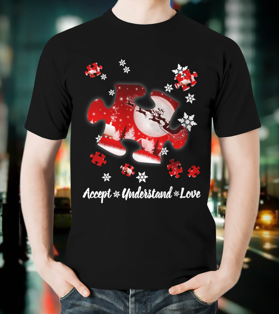 Accept Understand Love Autism Puzzle Christmas Snowflakes Santa Sleigh T-Shirt