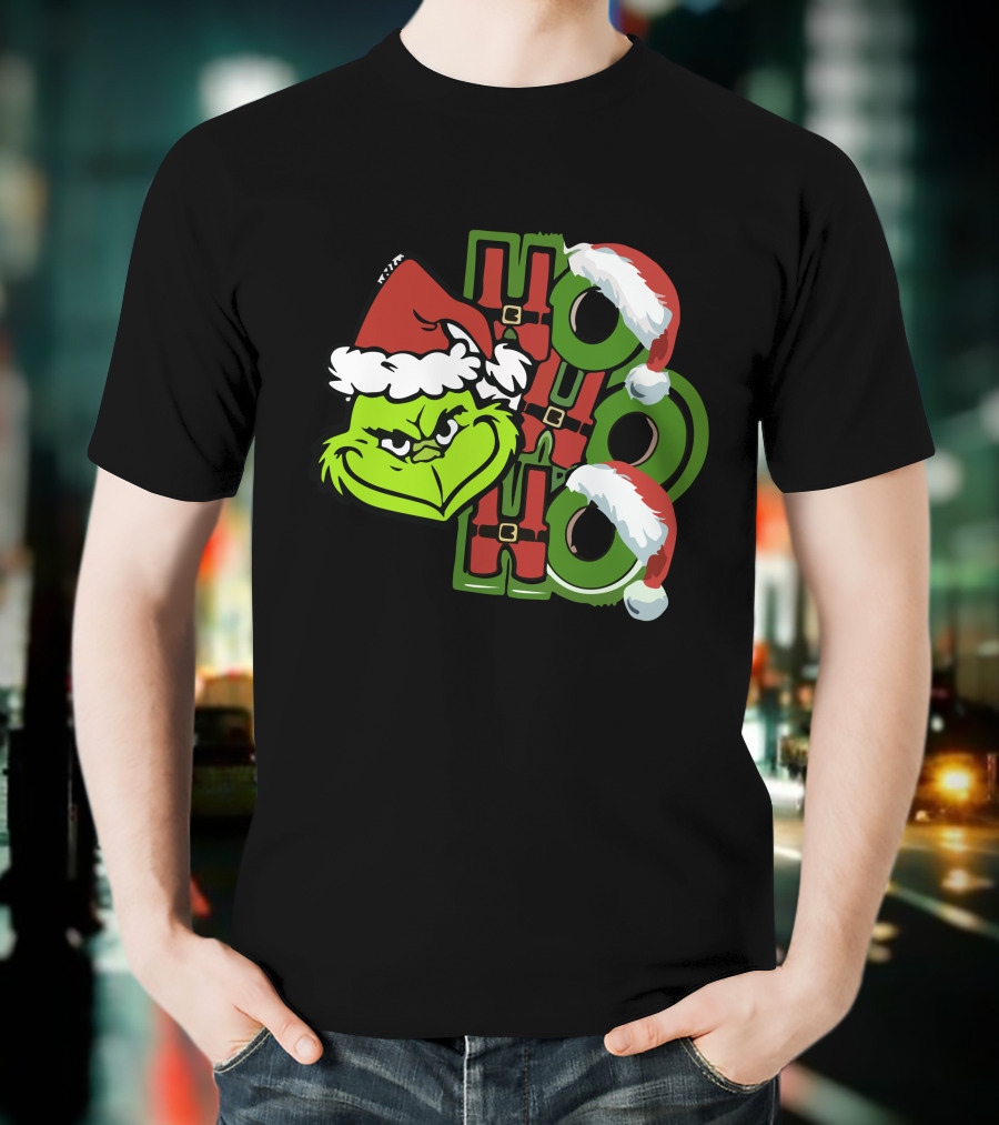 Ho Ho Ho Grinchmas With Santa Hats And Grinch Face T-Shirt