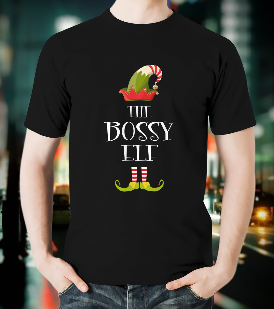 The Bossy Elf Hat And Striped Shoes Christmas T-Shirt