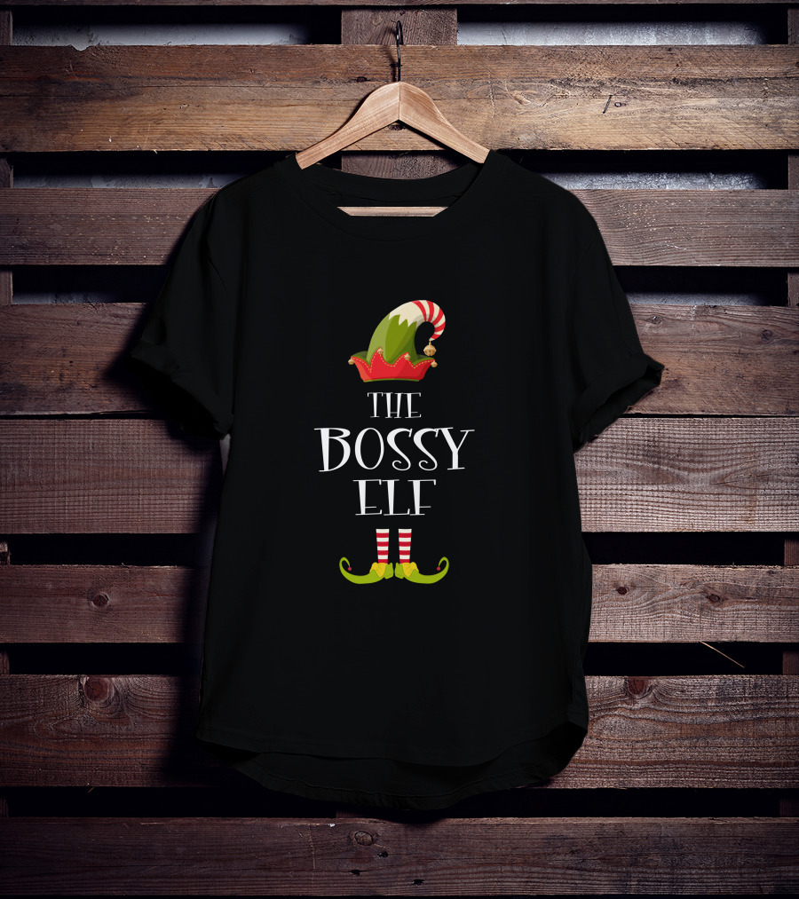 The Bossy Elf Hat And Striped Shoes Christmas T-Shirt