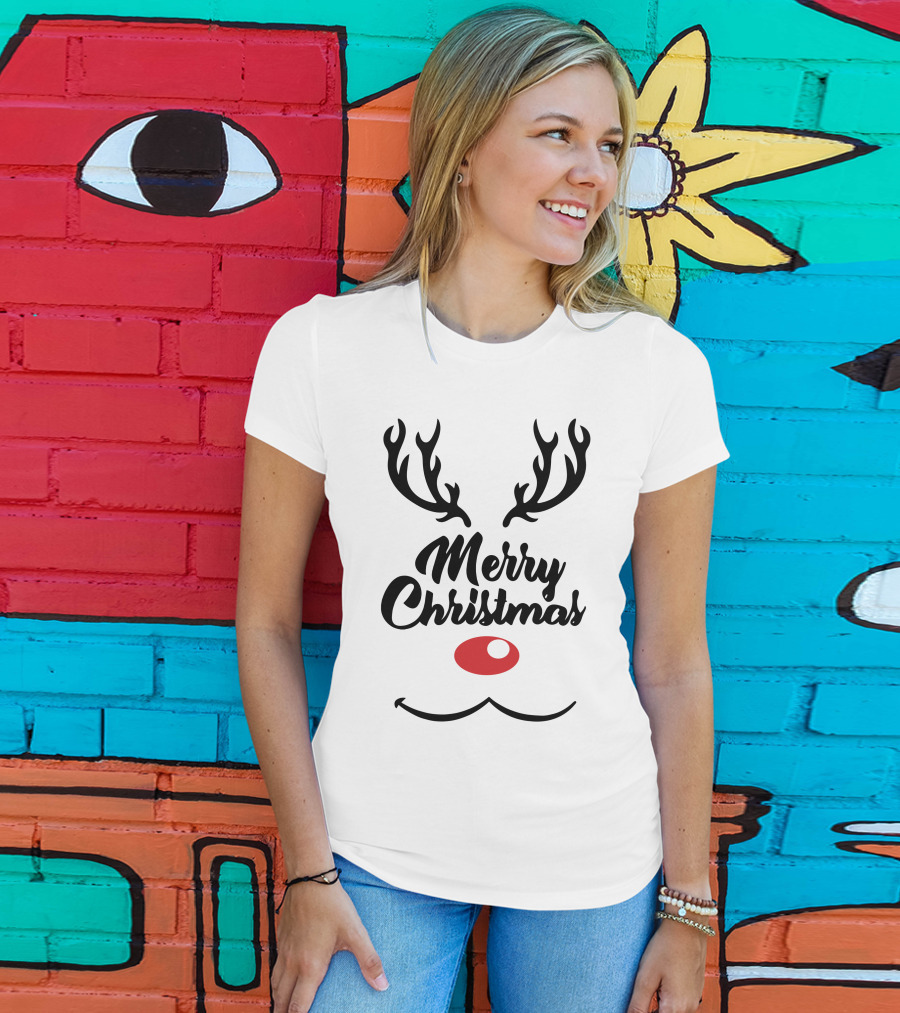 Merry Christmas Reindeer Antlers With Red Nose T-Shirt