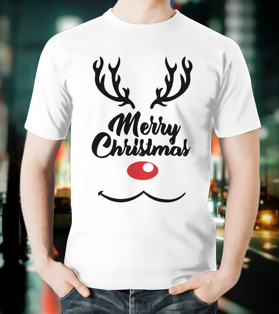 Merry Christmas Reindeer Antlers With Red Nose T-Shirt