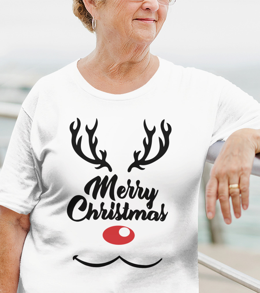 Merry Christmas Reindeer Antlers With Red Nose T-Shirt