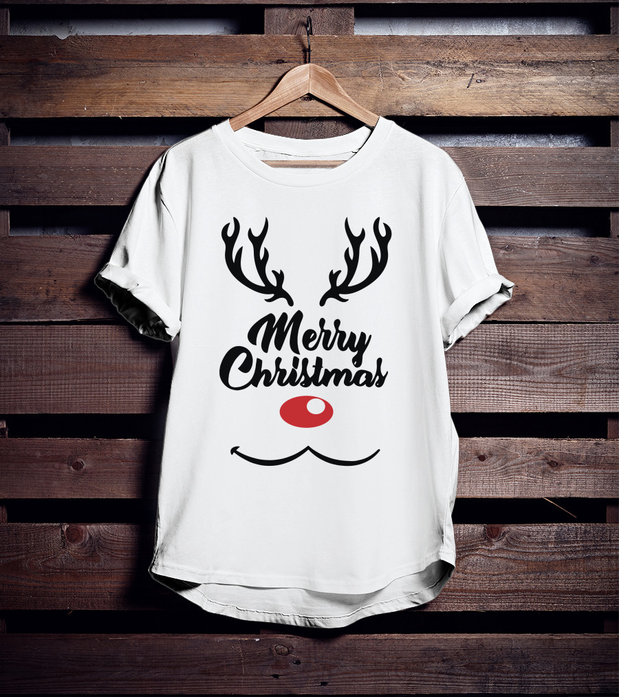 Merry Christmas Reindeer Antlers With Red Nose T-Shirt