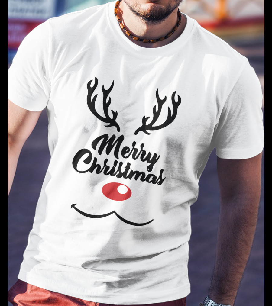 Merry Christmas Reindeer Antlers With Red Nose T-Shirt