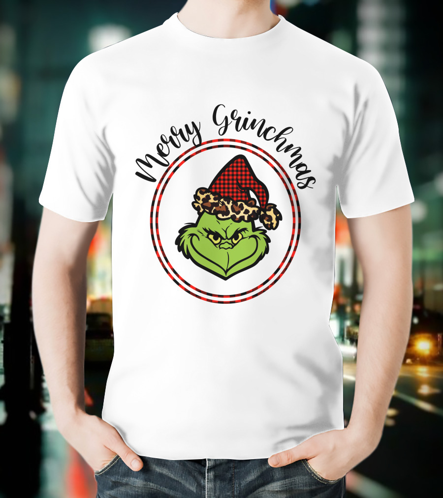 Merry Grinchmas Plaid Santa Hat Grinch Face T-Shirt