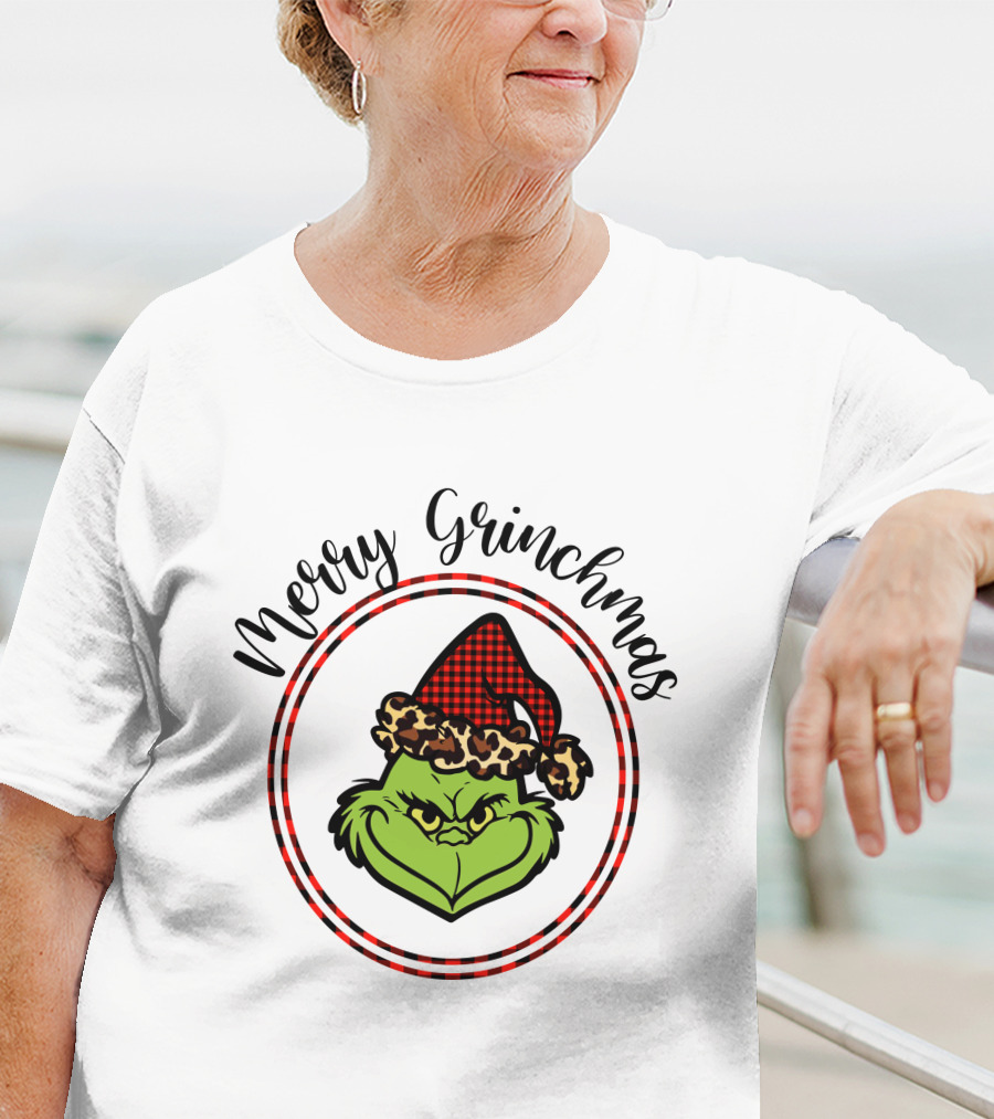 Merry Grinchmas Plaid Santa Hat Grinch Face T-Shirt