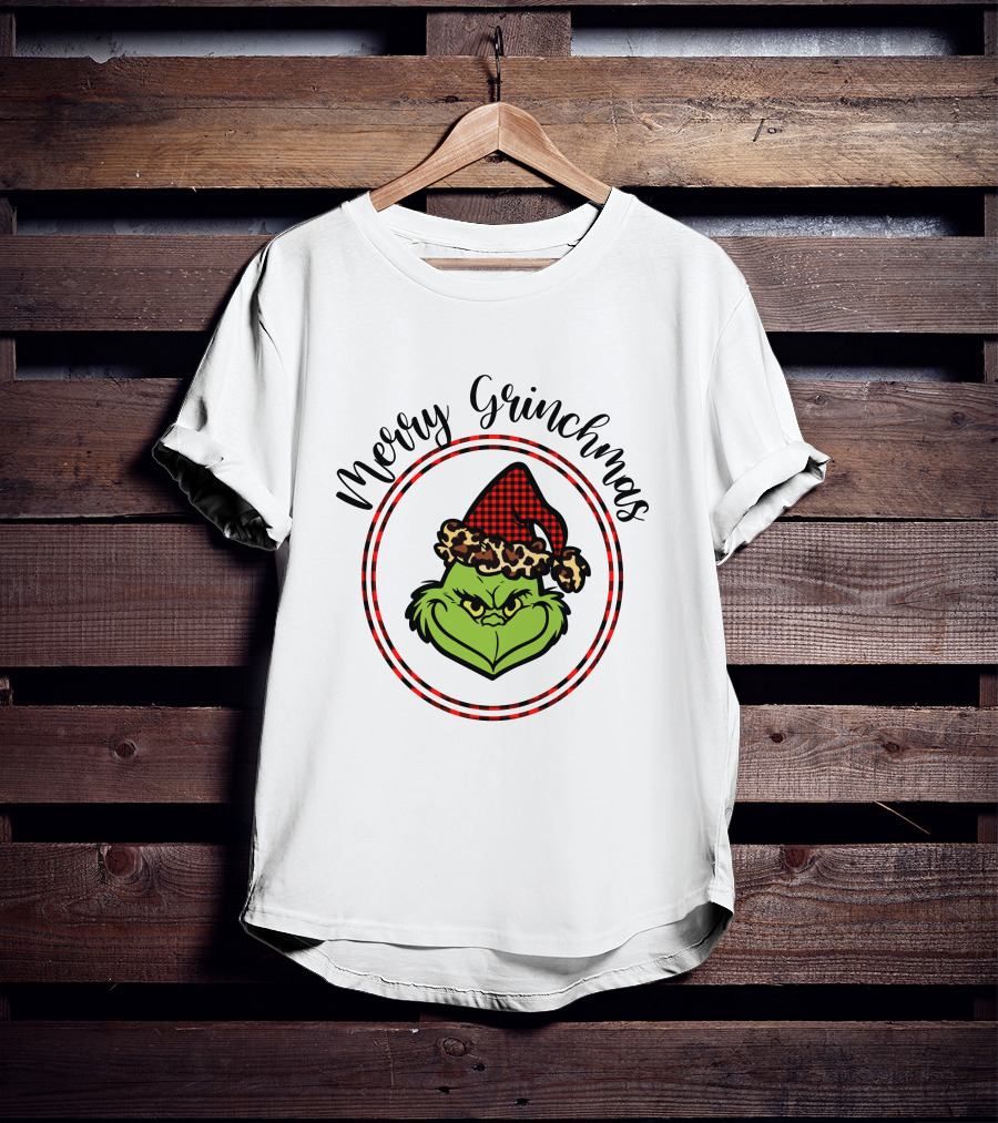 Merry Grinchmas Plaid Santa Hat Grinch Face T-Shirt