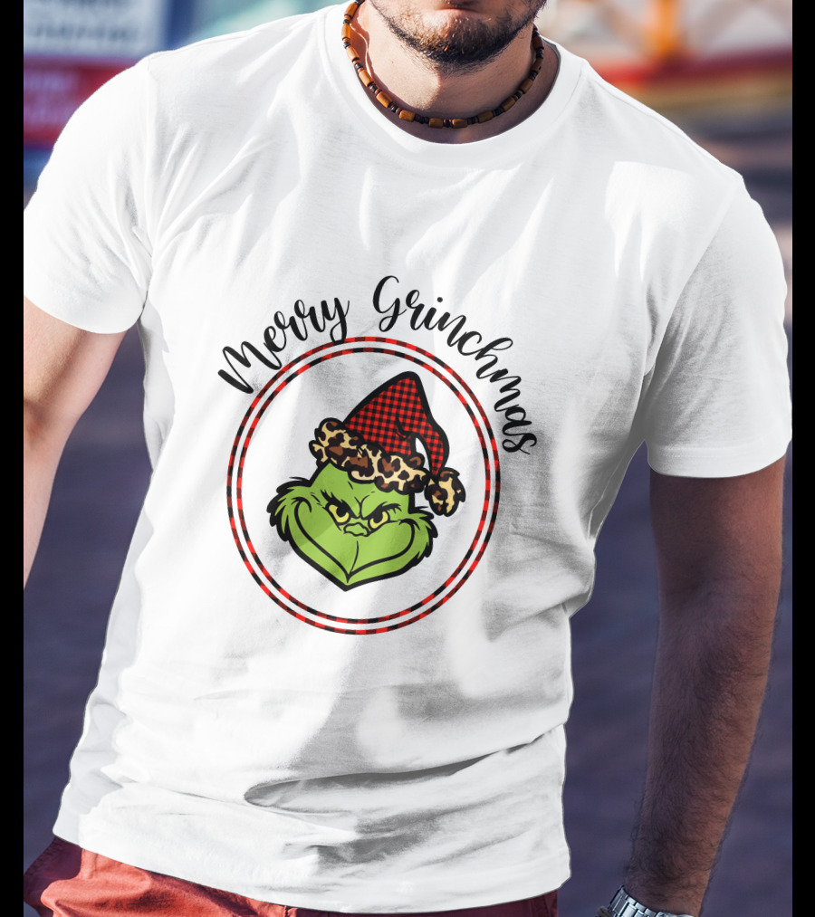 Merry Grinchmas Plaid Santa Hat Grinch Face T-Shirt