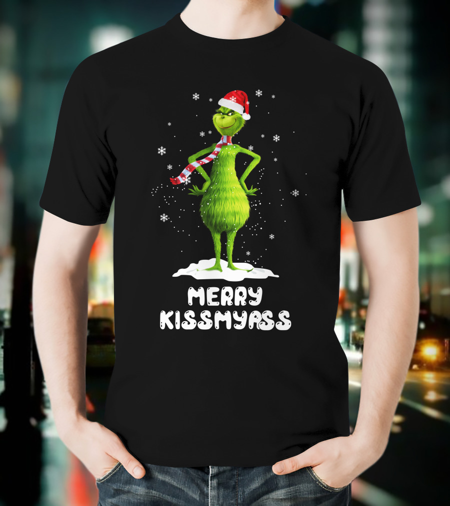 Merry KissMyAss Grinch Santa Hat Scarf Snowflakes T-Shirt