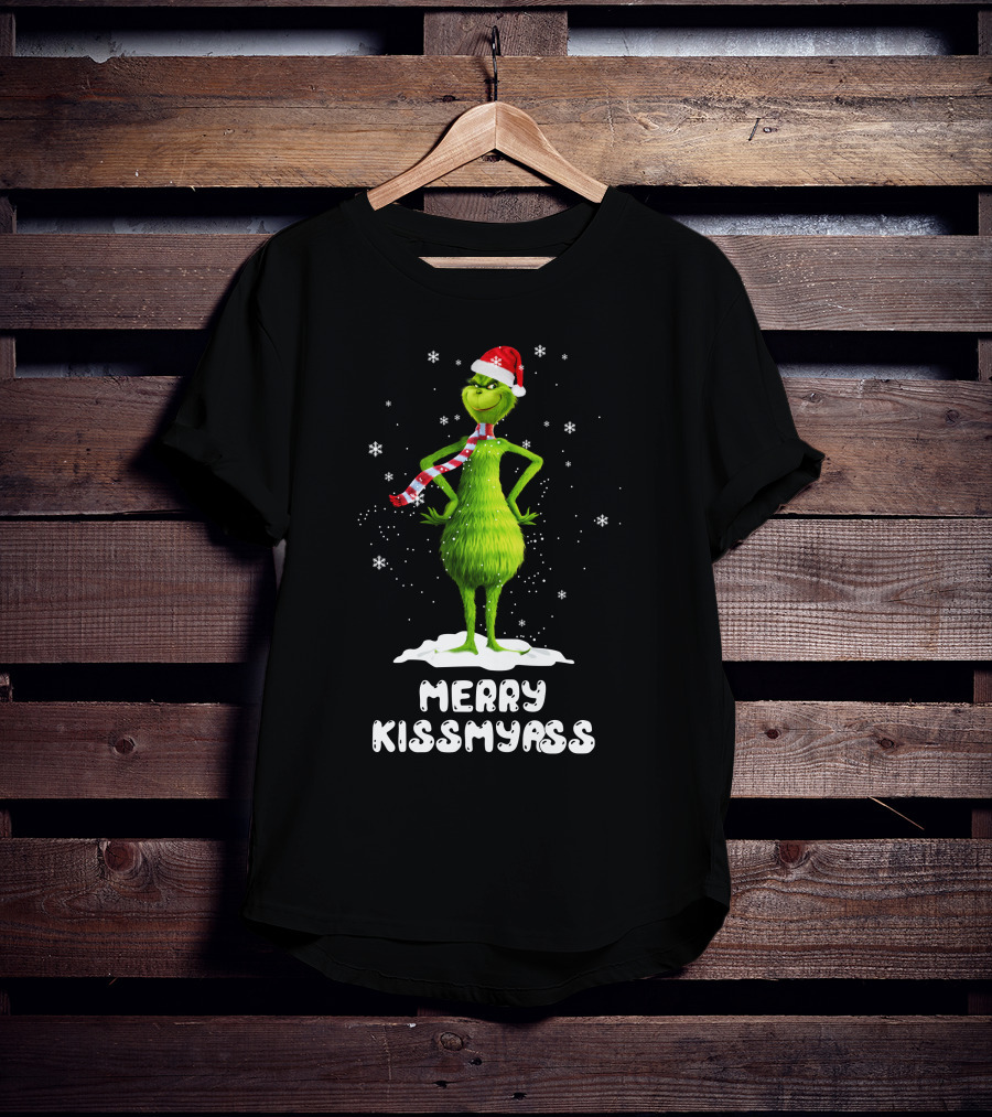 Merry KissMyAss Grinch Santa Hat Scarf Snowflakes T-Shirt