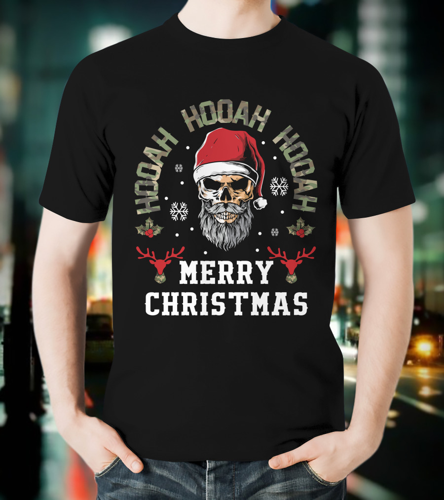 Hooah Hooah Hooah Merry Christmas Skull Santa Hat Reindeer T-Shirt
