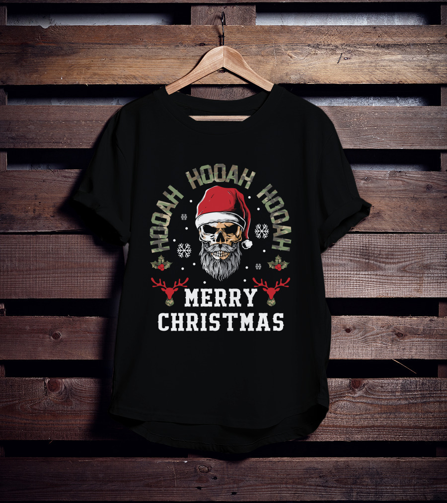 Hooah Hooah Hooah Merry Christmas Skull Santa Hat Reindeer T-Shirt