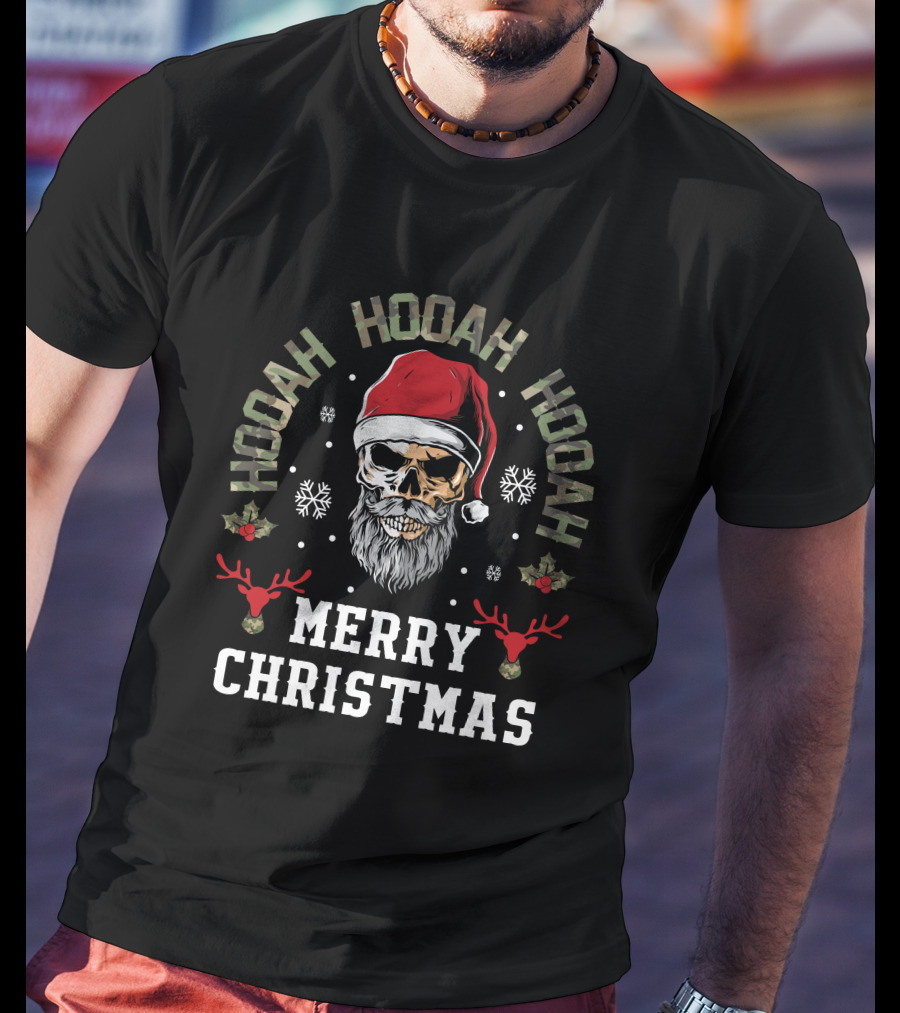 Hooah Hooah Hooah Merry Christmas Skull Santa Hat Reindeer T-Shirt