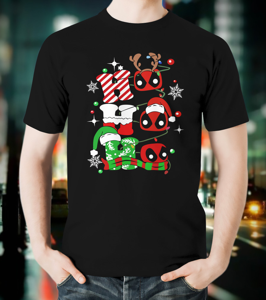 Deadpool Ho Ho Ho Christmas Reindeer Antlers Santa Hat Snowflakes T-Shirt