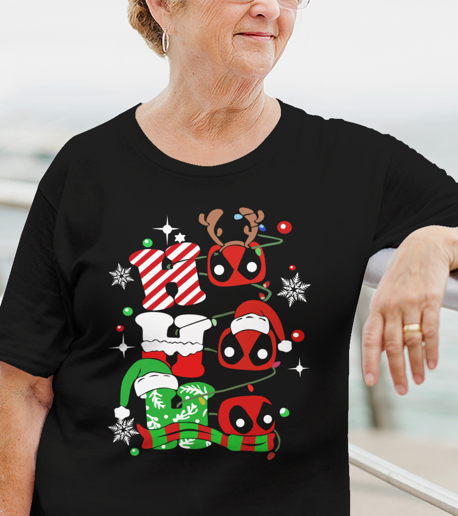 Deadpool Ho Ho Ho Christmas Reindeer Antlers Santa Hat Snowflakes T-Shirt
