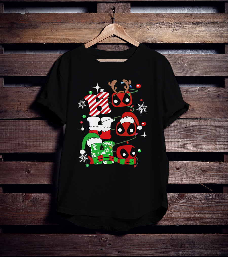 Deadpool Ho Ho Ho Christmas Reindeer Antlers Santa Hat Snowflakes T-Shirt