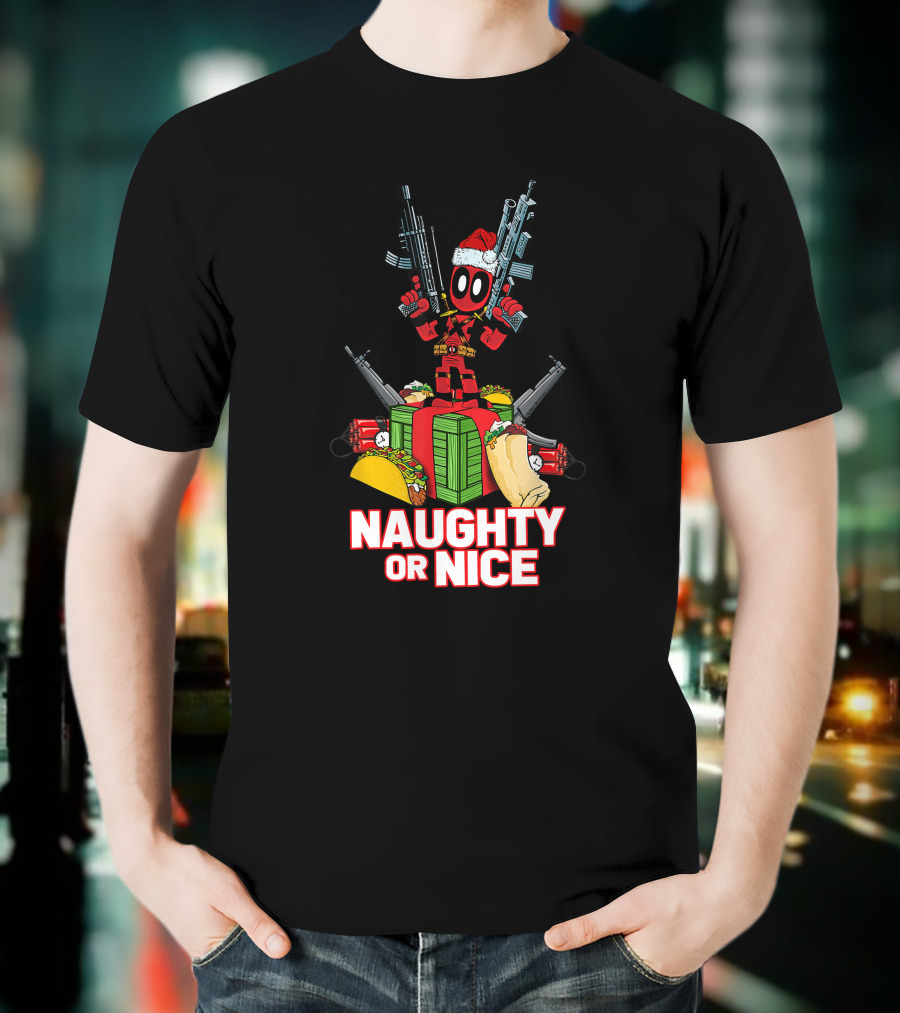 Naughty Or Nice Deadpool Christmas Guns Tacos Burritos T-Shirt