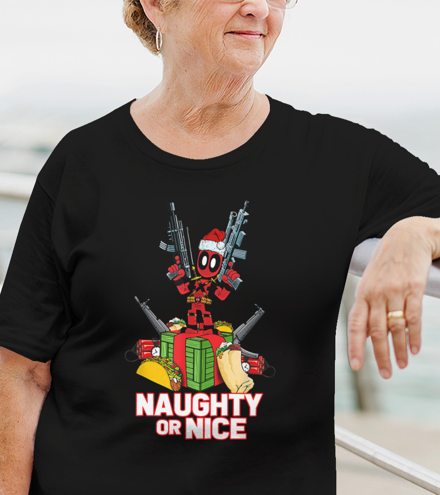 Naughty Or Nice Deadpool Christmas Guns Tacos Burritos T-Shirt