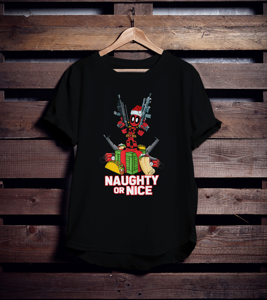 Naughty Or Nice Deadpool Christmas Guns Tacos Burritos T-Shirt