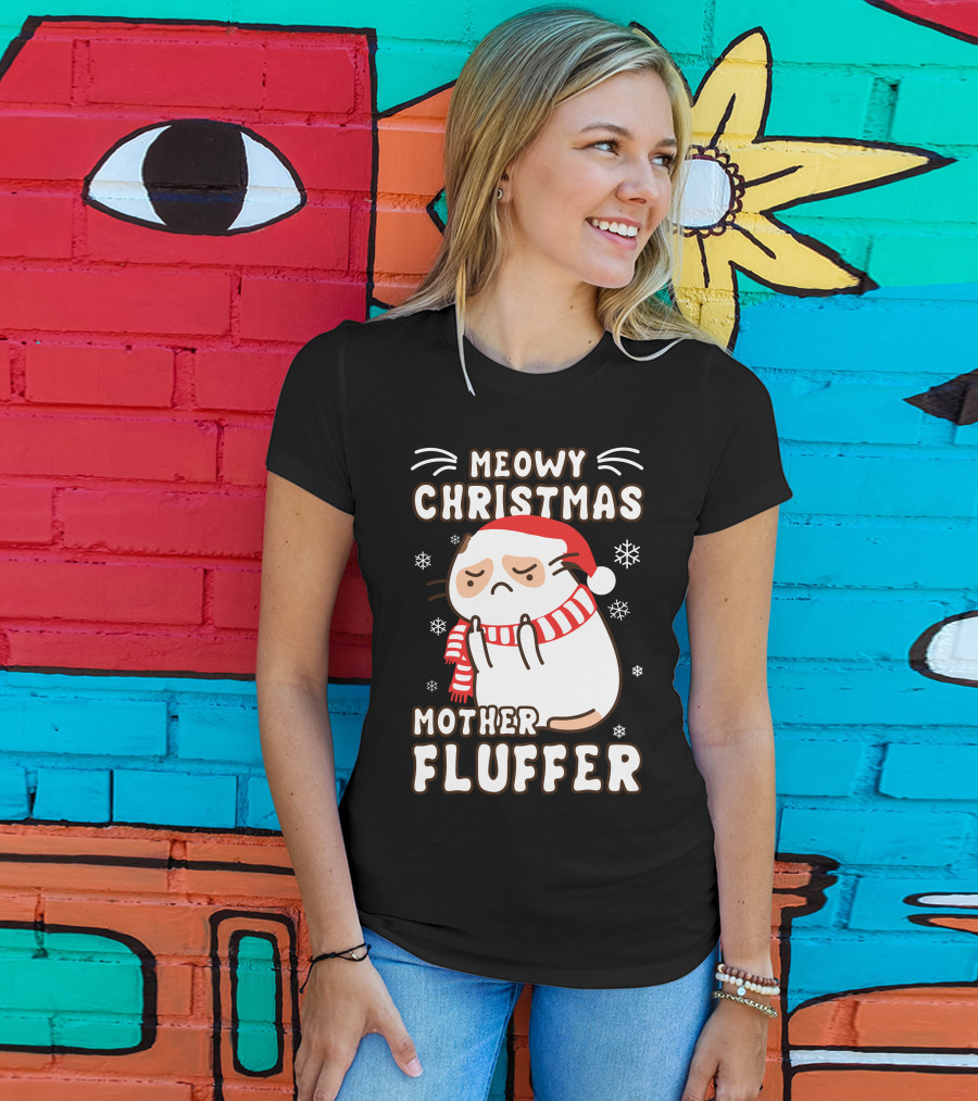 Meowy Christmas Mother Fluffer Santa Cat Snowflakes T-Shirt