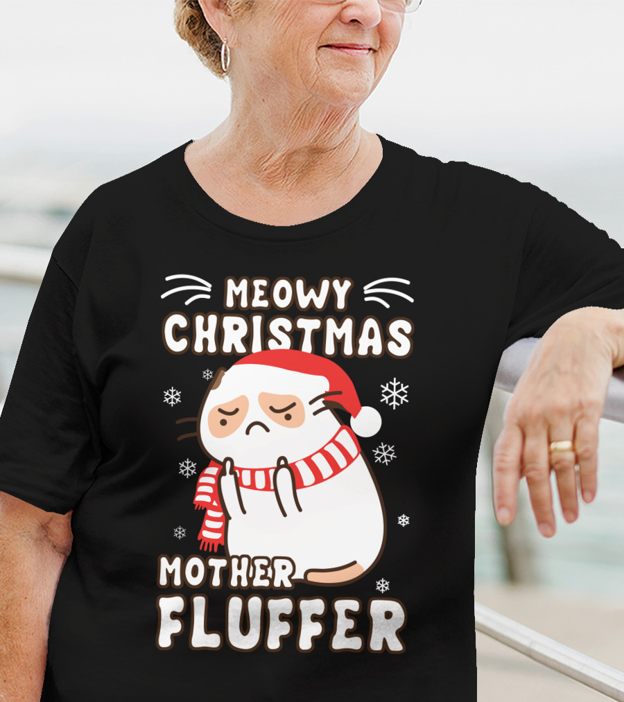 Meowy Christmas Mother Fluffer Santa Cat Snowflakes T-Shirt