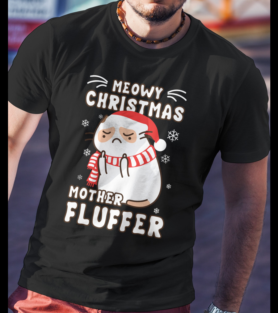 Meowy Christmas Mother Fluffer Santa Cat Snowflakes T-Shirt