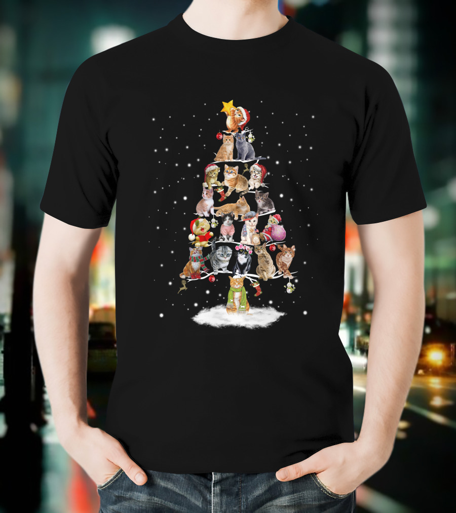 Cat Christmas Tree With Festive Cats And Holiday Ornaments T-Shirt
